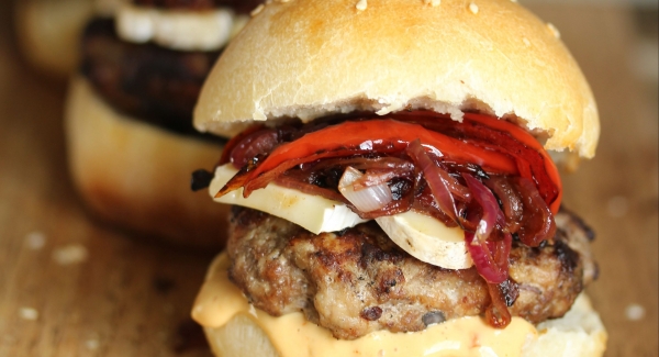 Sirloin Burger with Candied Onions, Peppers and Chipotle Aoli Sauce