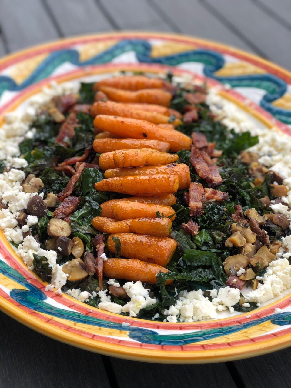 Honey Glazed Roasted Carrot and Kale Salad with Candied Bacon, Feta and Chestnuts