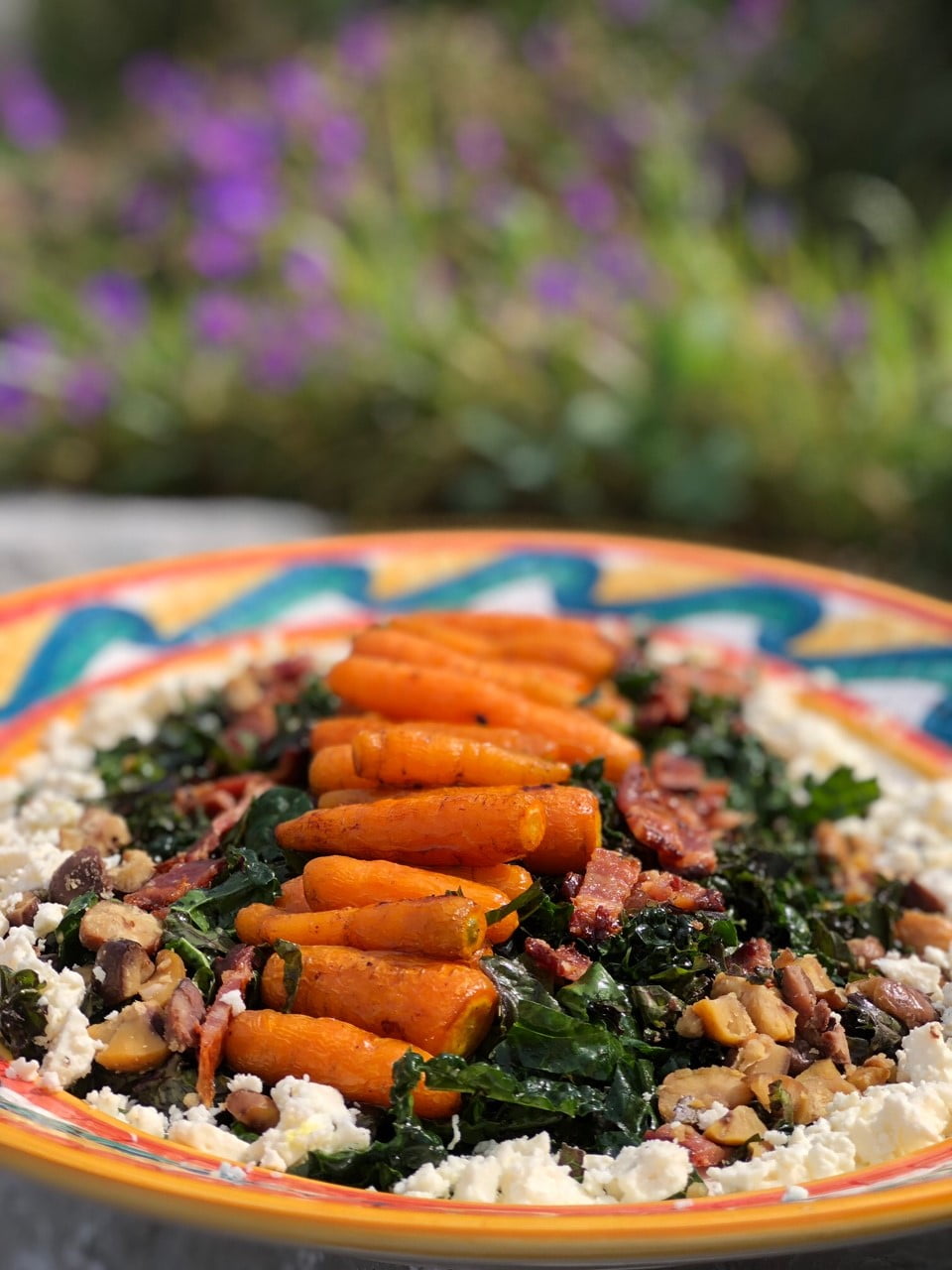 Honey Glazed Roasted Carrot and Kale Salad with Candied Bacon, Feta and Chestnuts