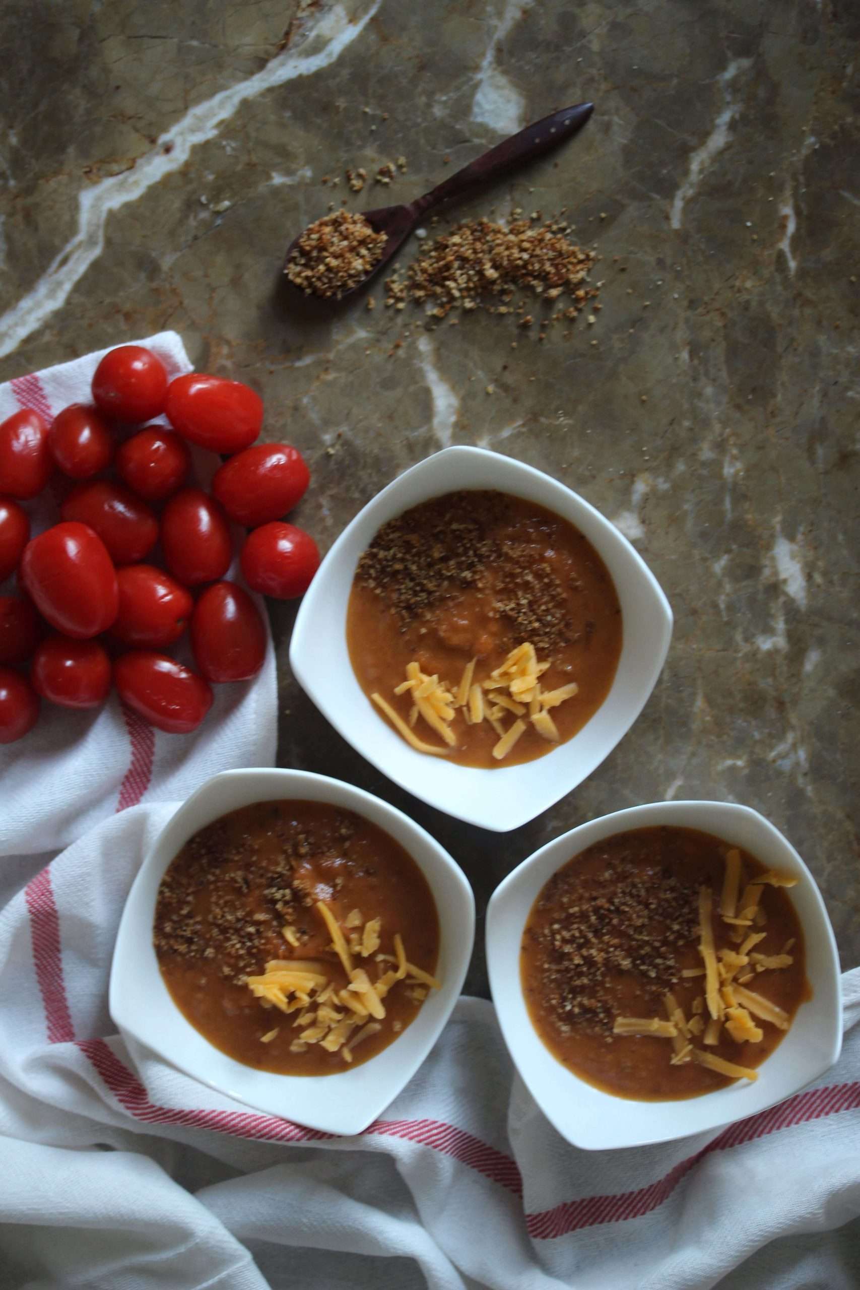 Roasted Tomato Soup with Aged Cheddar and Brown Butter Bread Crumbs