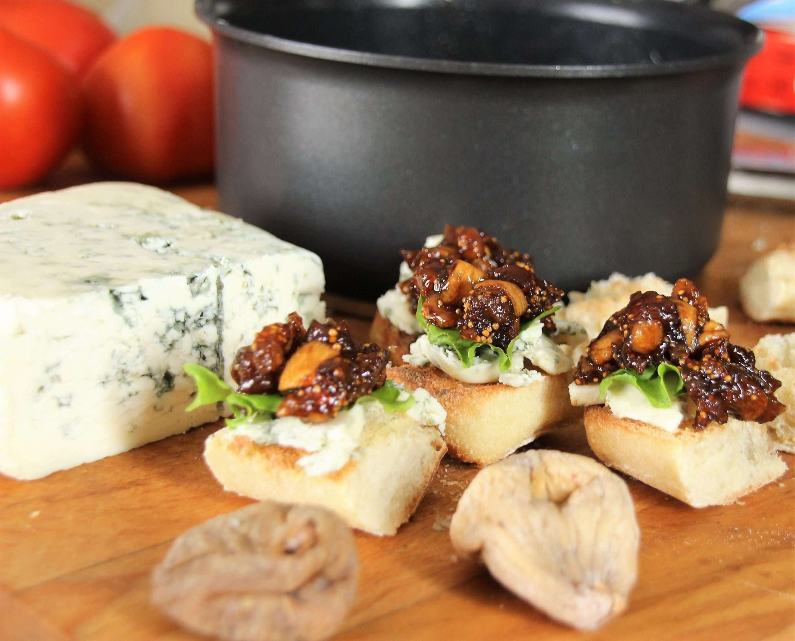 Balsamic Glazed Dried Fig and Blue Cheese Crostini