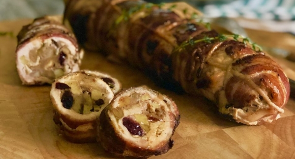 Bacon Wrapped Cranberry and Apple Stuffed Turkey Breast Roll