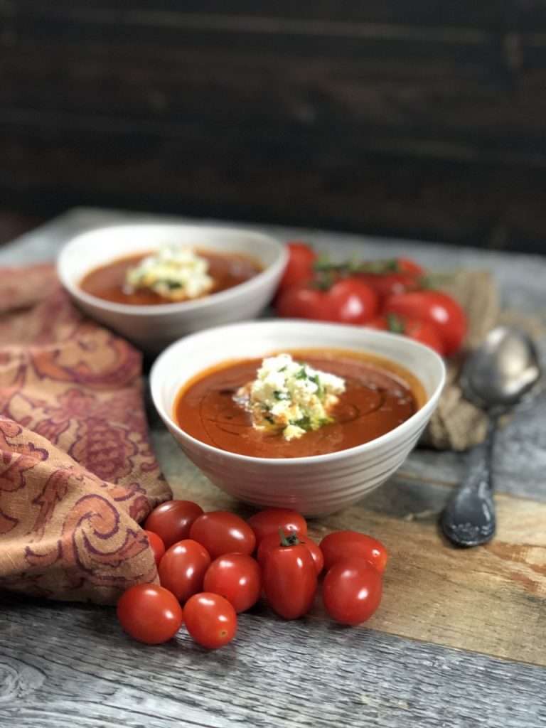 winter roasted tomato soup with herbed ricotta