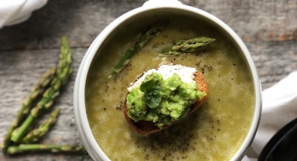 Fresh Asparagus and Pea Soup with Ricotta and Smashed Pea and Mint Crostini